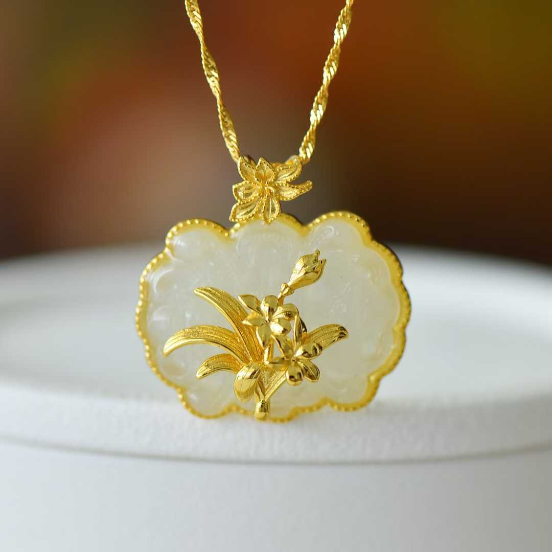 925 Silver Inlaid Nephrite Orchid Pendant