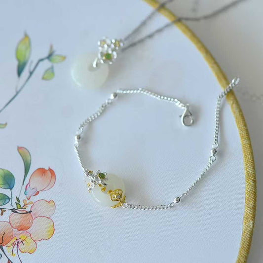 925 Silver Inlaid Hetian Nephrite "January Plum Blossom (Twelve Flower Gods)" Jewelry Set