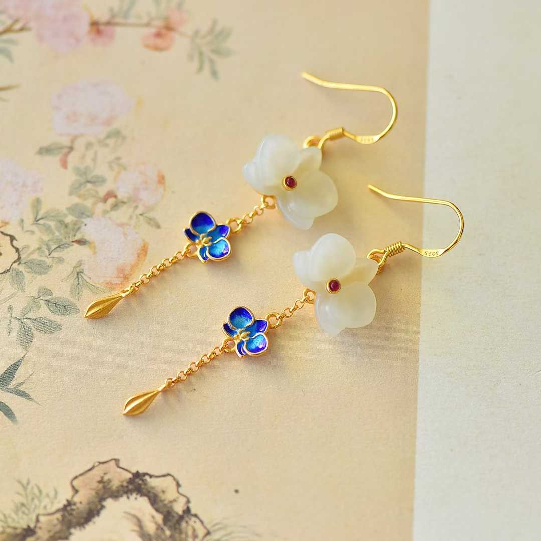 Side view of mini skirt style Hetian nephrite earrings - 925 silver setting
