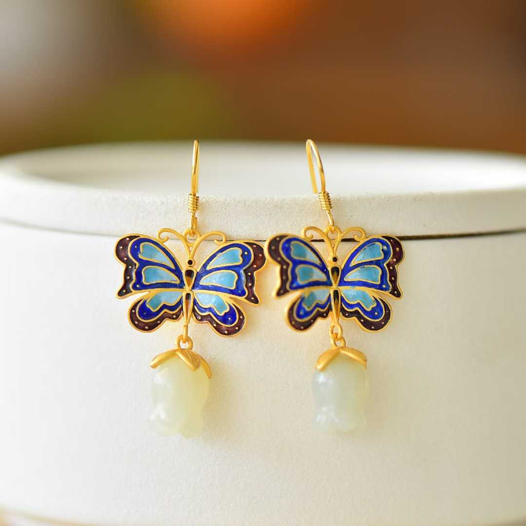925 Silver Inlaid Hetian Nephrite "Butterfly & Lily of the Valley" Earrings