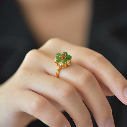 925 Silver Inlaid Hetian Green Nephrite Five-Petal Flower Ring