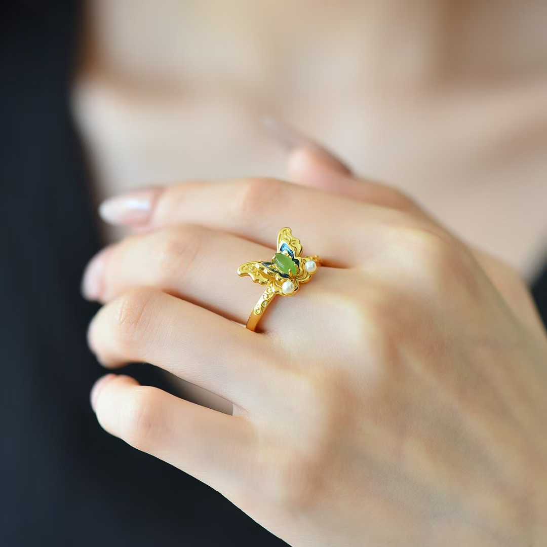 925 Silver Inlaid Hetian Nephrite Butterfly Ring