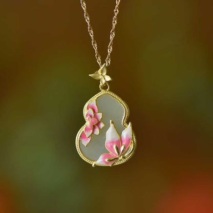 S925 Silver Inlaid Hetian Nephrite "Flat Gourd & Butterfly-on-Flower" Minimalist Elegance Jewelry Set