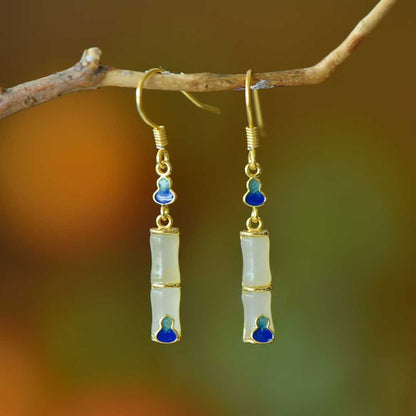 925 Silver Inlaid Hetian Nephrite "Clear Water Jade, Bamboo Joint & Gourd" Earrings