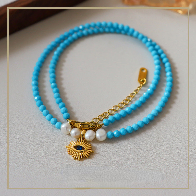 Ladies Vintage Evil Eye Natural Stone Pearl Necklace