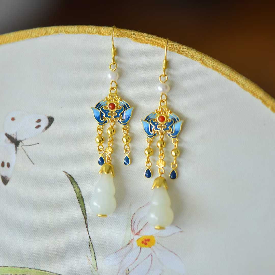 925 Silver Inlaid Hetian Nephrite "Gourd: Fortune & Blessing" Tassel Earrings