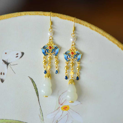 925 Silver Inlaid Hetian Nephrite "Gourd: Fortune & Blessing" Tassel Earrings