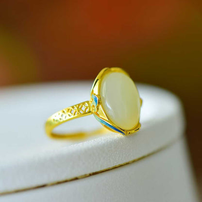 S925 Silver Inlaid Nephrite "Zhao Cai Jin Bao An Kang" Ring