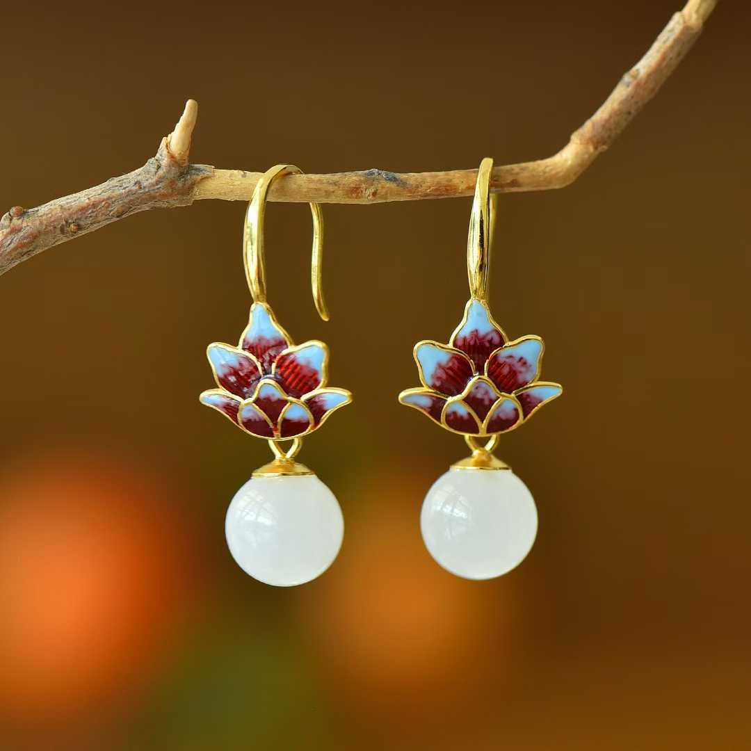 925 Silver Inlaid 10mm Nephrite (White Jade) Enamel Earrings
