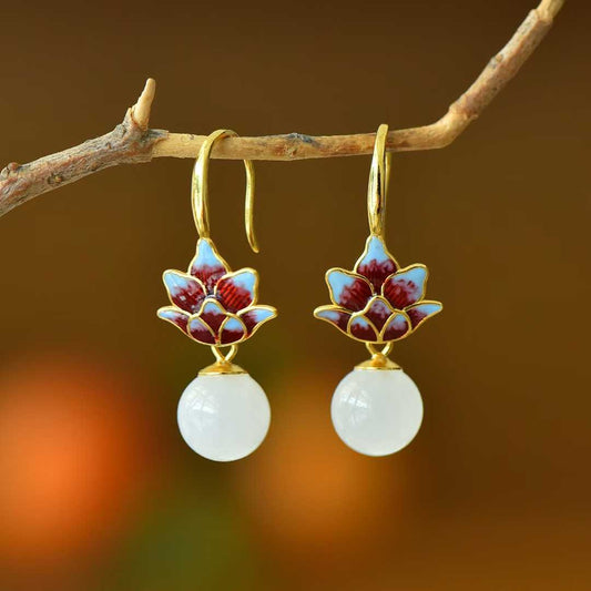 925 Silver Inlaid 10mm Nephrite (White Jade) Enamel Earrings