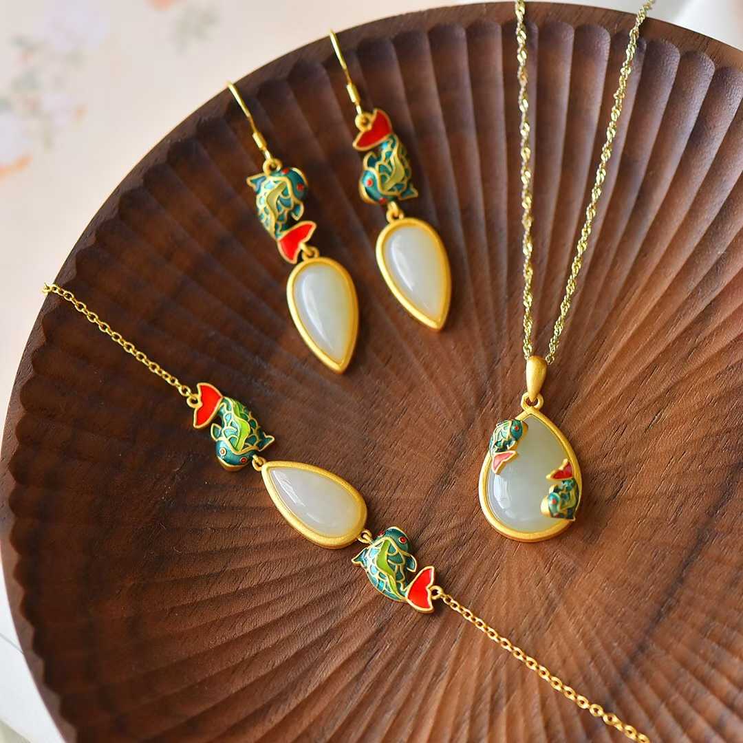 Ancient-Style Silver Inlaid Hetian Nephrite "Lotus & Fish (Year After Year Abundance)" Enamel Set