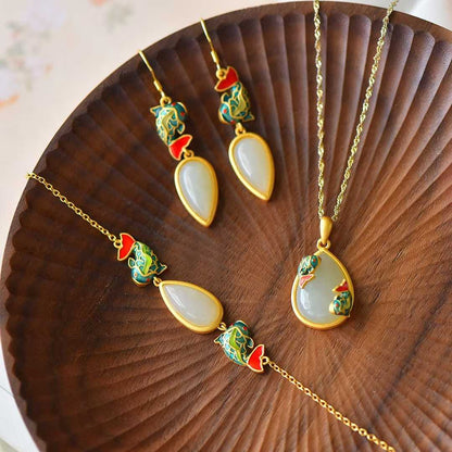 Ancient-Style Silver Inlaid Hetian Nephrite "Lotus & Fish (Year After Year Abundance)" Enamel Set