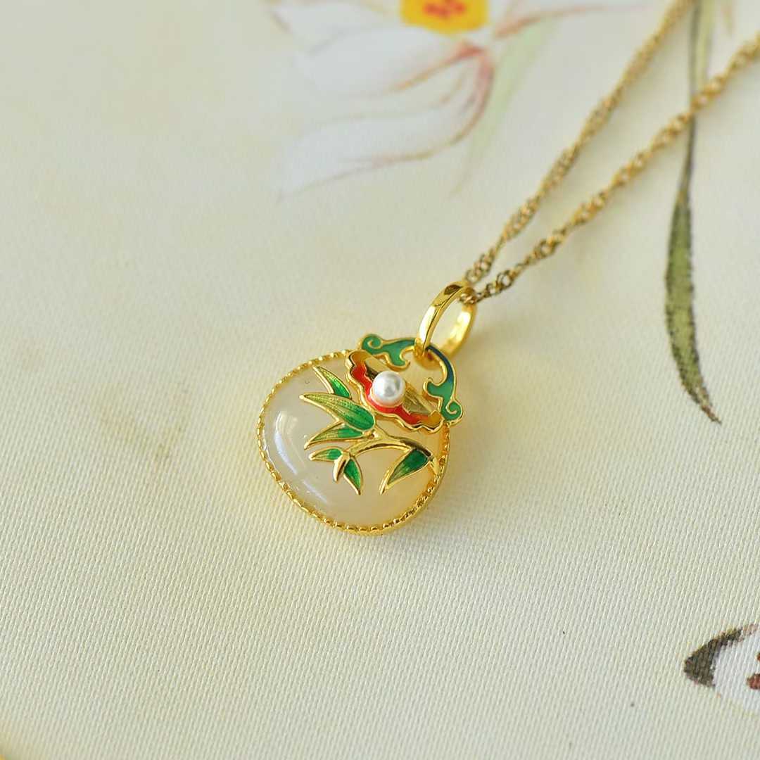 925 Silver Inlaid Nephrite "Bamboo Reports Safety" Bag Charm