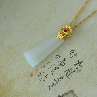 925 Silver-Inlaid Hetian Jade Pendant (Trapezoidal Peace Plaque with Auspicious Clouds & Ruyi Design)