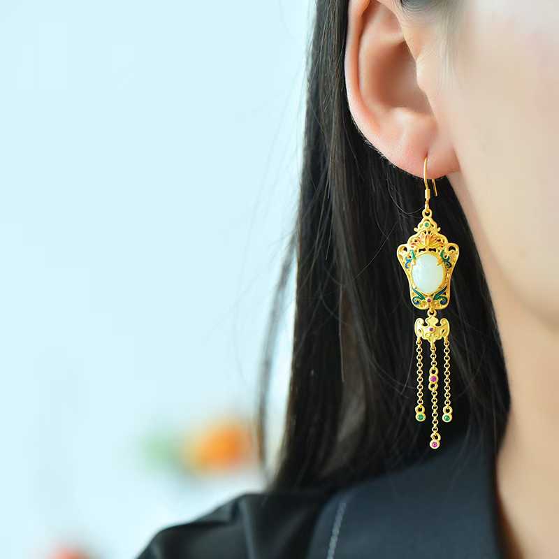 925 Silver Inlaid Hetian Nephrite "Lotus, Blessing, Longevity & Ruyi" Enamel Tassel Earrings