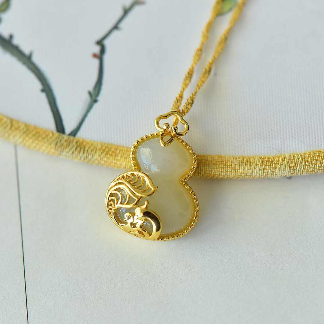 S925 Silver Inlaid Hetian Nephrite "Gourd & Phoenix" Pendant
