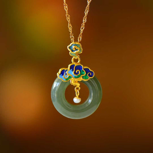 925 Silver Inlaid Hetian Nephrite "Sunny Water Variety & Auspicious Clouds Peace Ring" Pendant