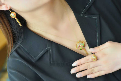 925 Silver Inlaid Hetian Nephrite "Flowers Bloom & Fortune Arrives" Jewelry Set