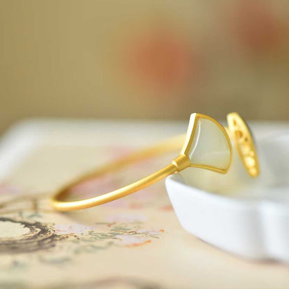 925 Silver Inlaid Hetian Nephrite "Fan-Shaped Enamel & Matt Gold" Bracelet