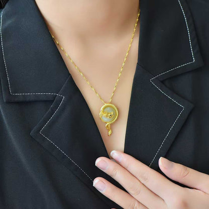 925 Silver-Inlaid Hetian Jade Pendant with Round Drum-Shaped Surface & "Dragon Soaring Across the Four Seas" Design