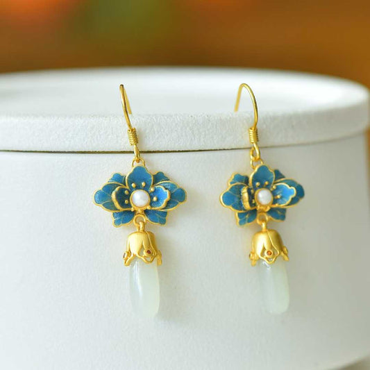 925 Silver Inlaid Hetian Nephrite "Lotus Charm in Gentle Breeze" Earrings