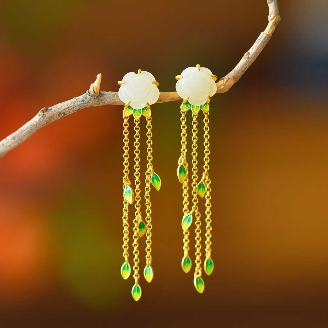 925 Silver Inlaid Enamel & Hetian Nephrite "Rose Tassel" Earrings
