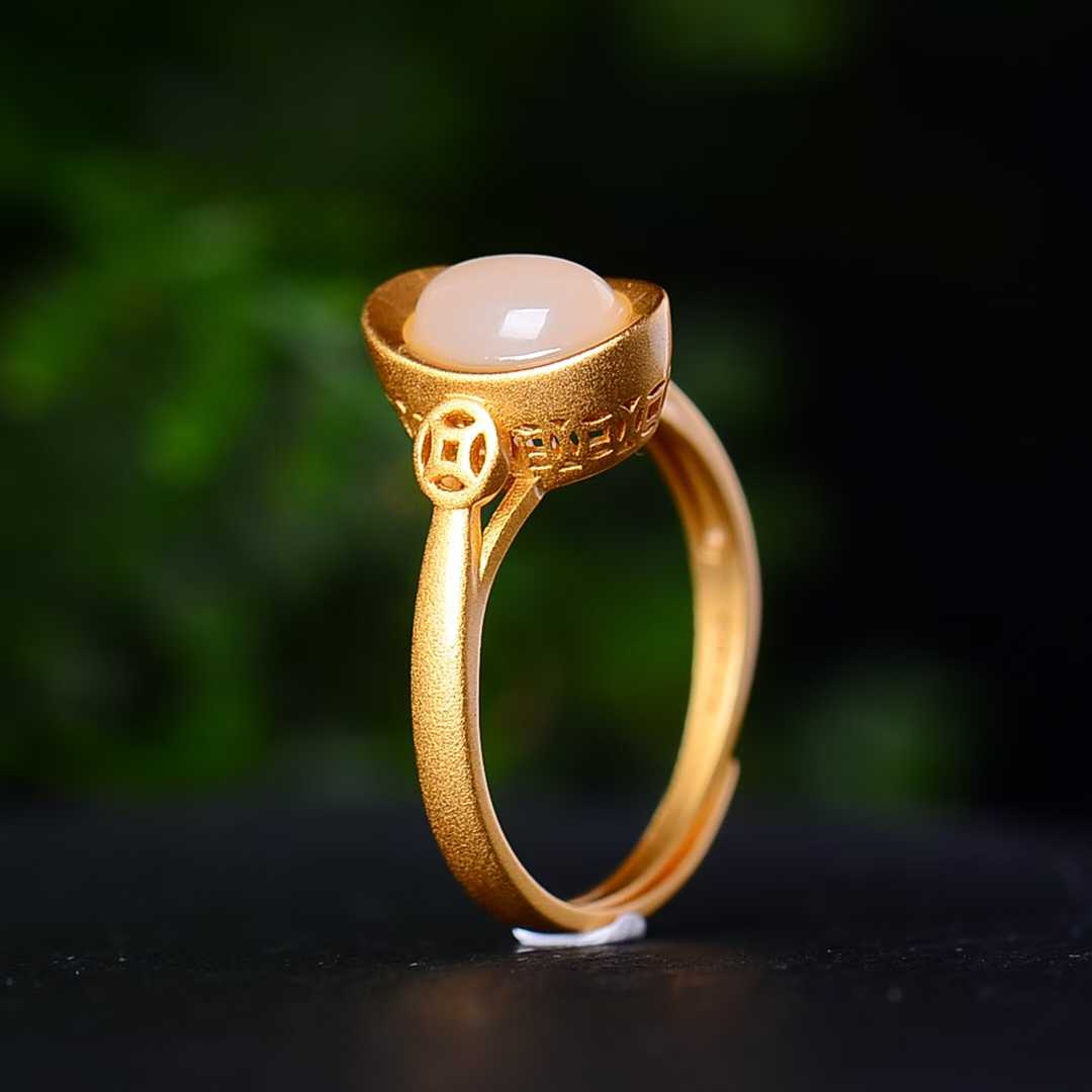925 Silver Inlaid Hetian Jade Yuanbao Ring