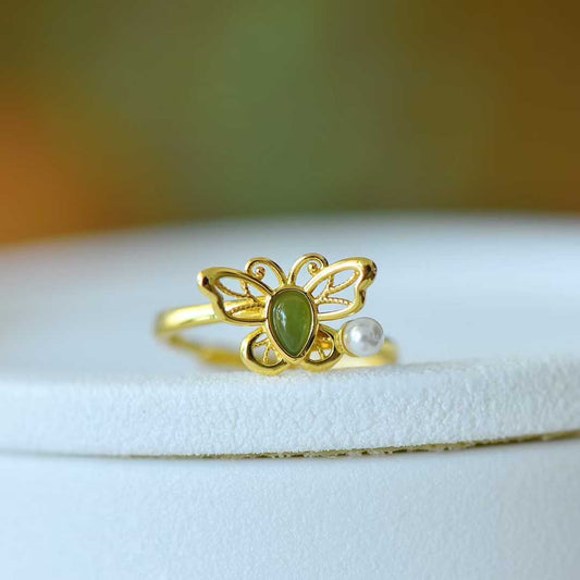 925 Silver Inlaid Hetian Nephrite "Water Drop & Butterfly" Ring