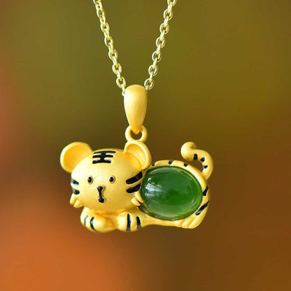 925 Silver Inlaid Hetian Jadeite (Jasper) "Tiger Cub" Pendant
