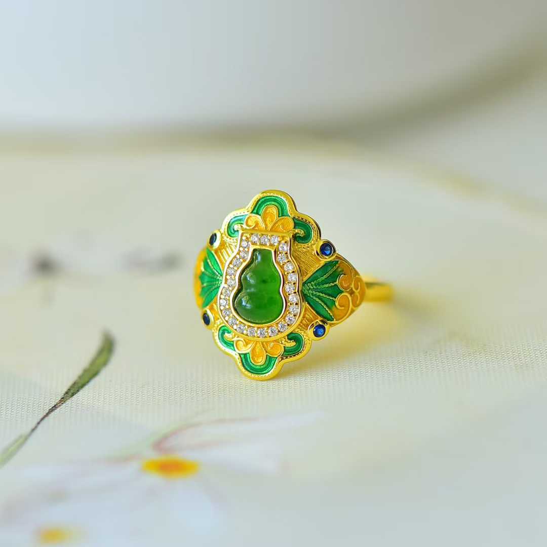 925 Silver Inlaid Hetian Nephrite Gourd "Fortune & Blessing" Ring