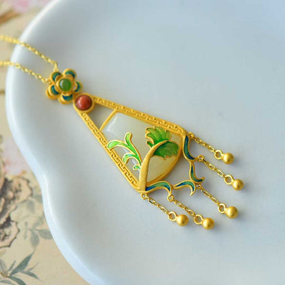 925 Silver Inlaid Nephrite "One Leaf Contains the Universe" Tassel Pendant