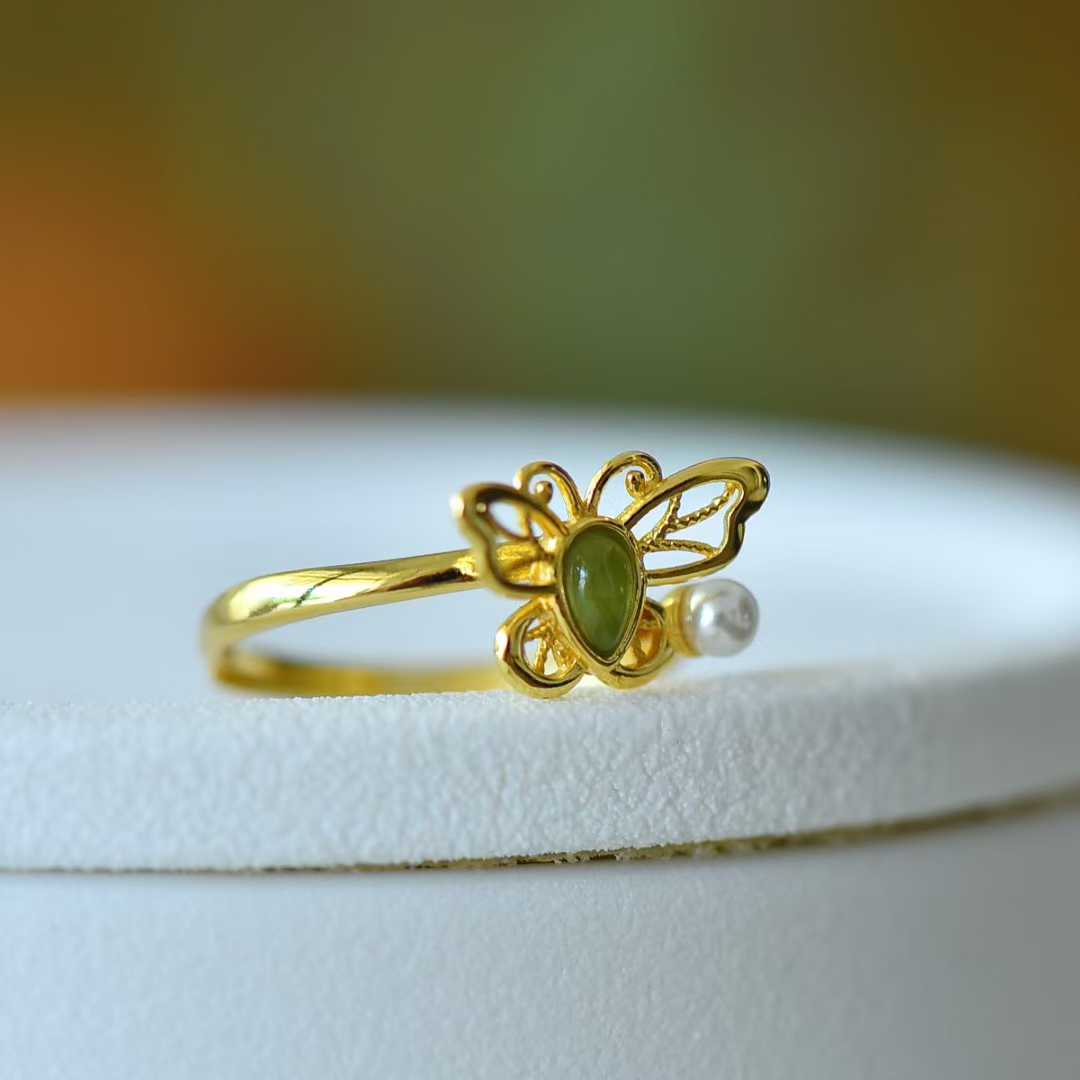 925 Silver Inlaid Hetian Nephrite "Water Drop & Butterfly" Ring