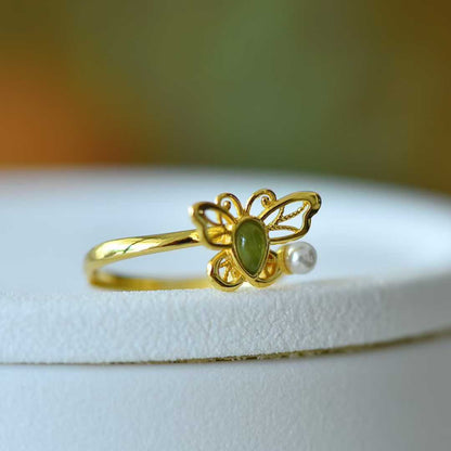 925 Silver Inlaid Hetian Nephrite "Water Drop & Butterfly" Ring