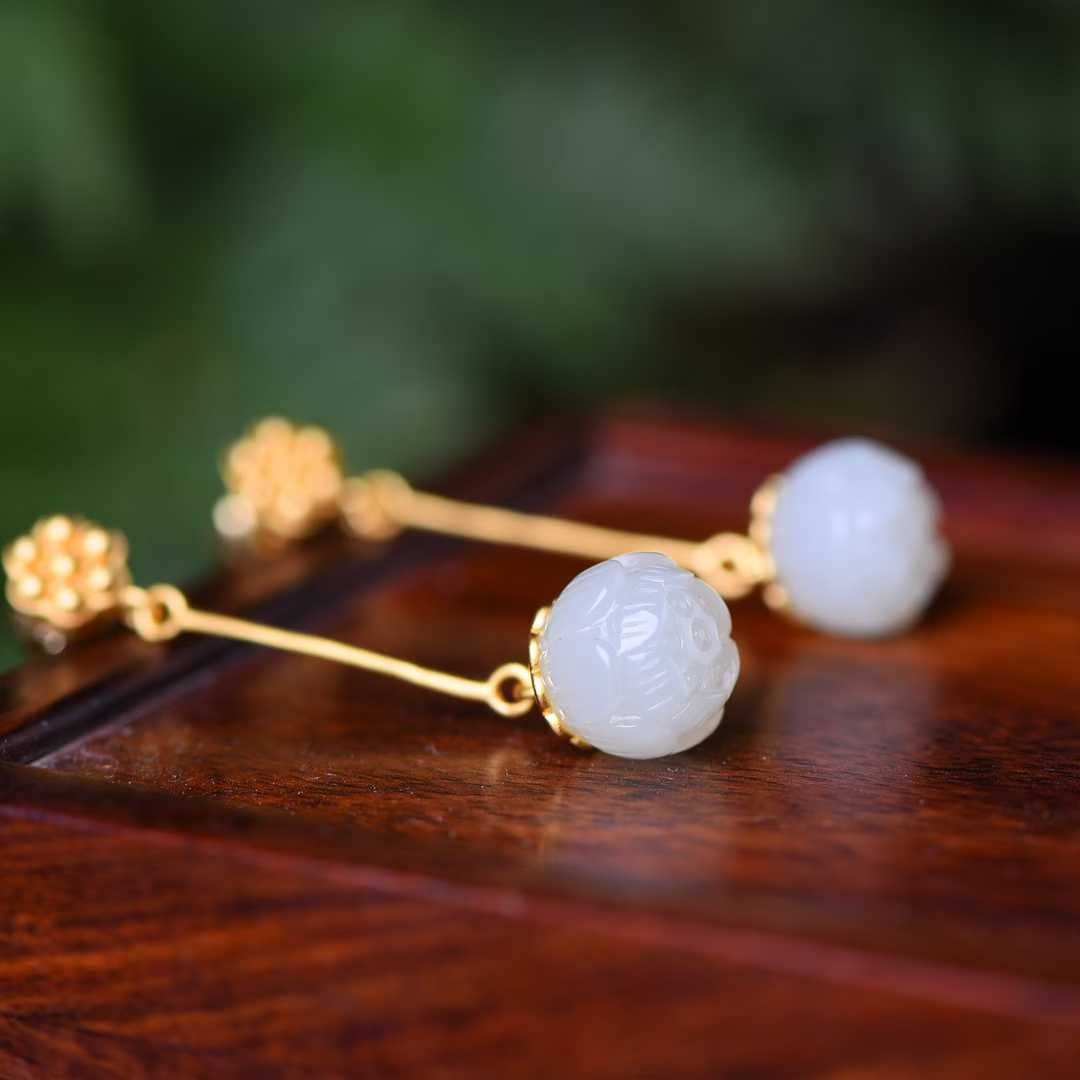 925 Silver Inlaid Nephrite Lotus Seed Pod Earrings