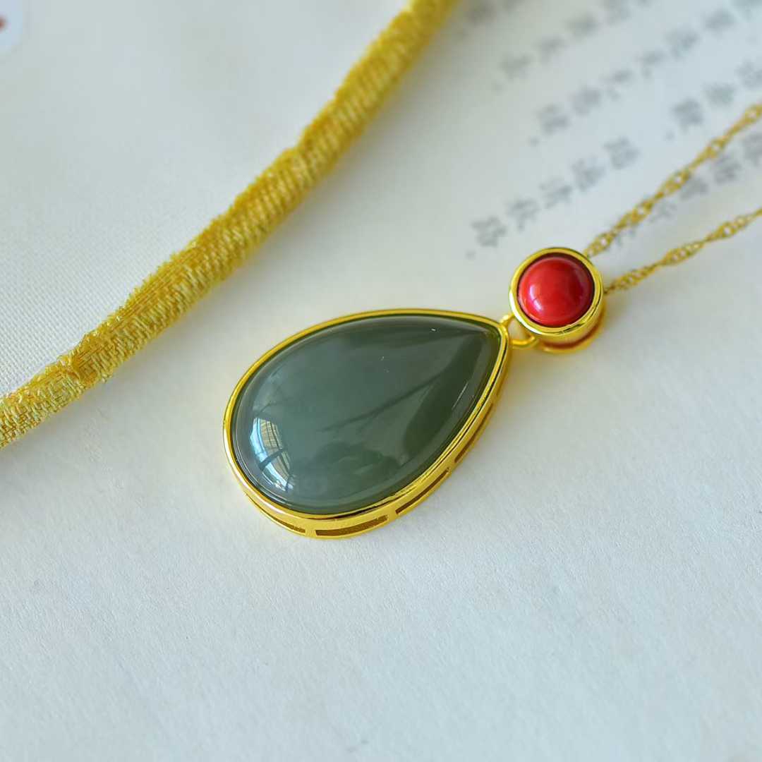 S925 Silver Inlaid Hetian Nephrite "Water Drop & Cinnabar" Minimalist Elegance Jewelry Set