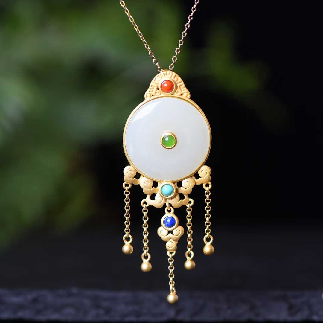 925 Silver Inlaid Hetian Jade Ping'an Kou Set