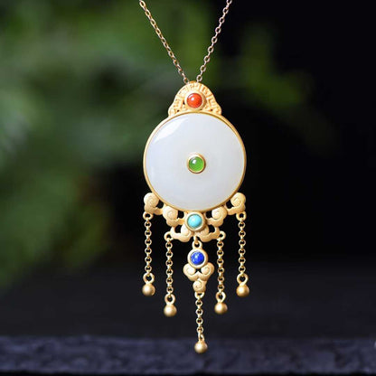 925 Silver Inlaid Hetian Jade Ping'an Kou Set