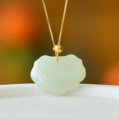 925 Silver-Inlaid Hetian Jade Pendant with "Ruyi Lock" Design, Plain Silver Style & Integrated Chain