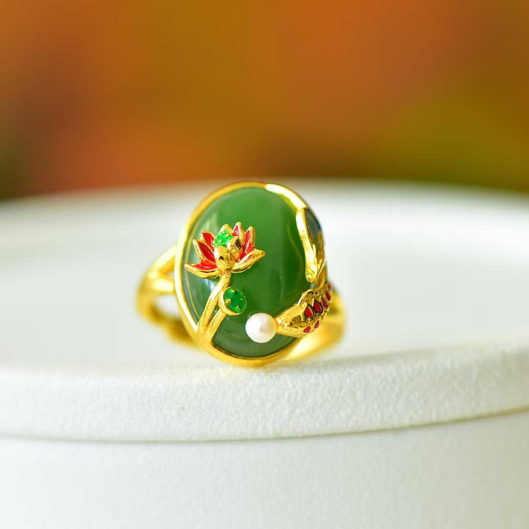 925 Silver Inlaid Hetian Spinach Green Nephrite "Abundance Every Year" Fish Ring