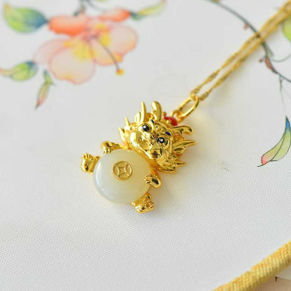 925 Silver Inlaid Nephrite "Ping An Kou" with "Flowing Wealth" Little Fortune Dragon Pendant