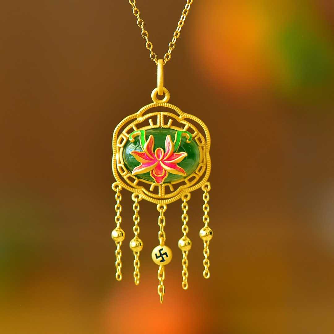 925 Silver Inlaid Hetian Green Nephrite "Orchid Heart & Iris Quality" Jewelry Set