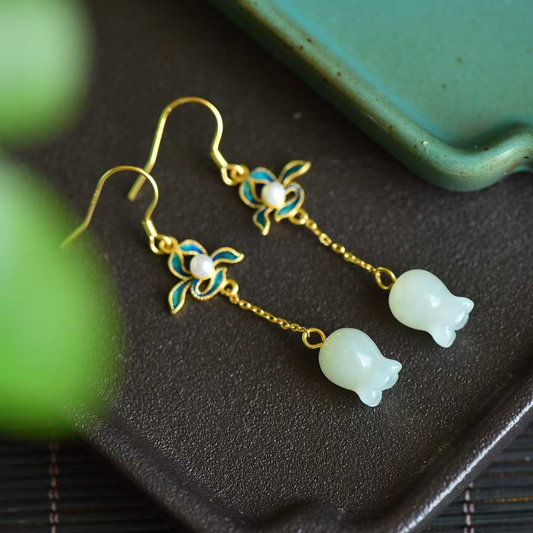 S925 Silver Inlaid Nephrite Wind Chime Flower Earrings
