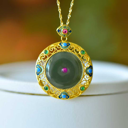 925 Silver Inlaid Hetian Nephrite "Peace Buckle & Ruyi" Pendant