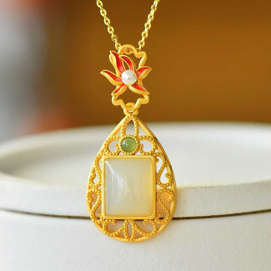 925 Silver Inlaid Nephrite Daffodil Filigree Pendant