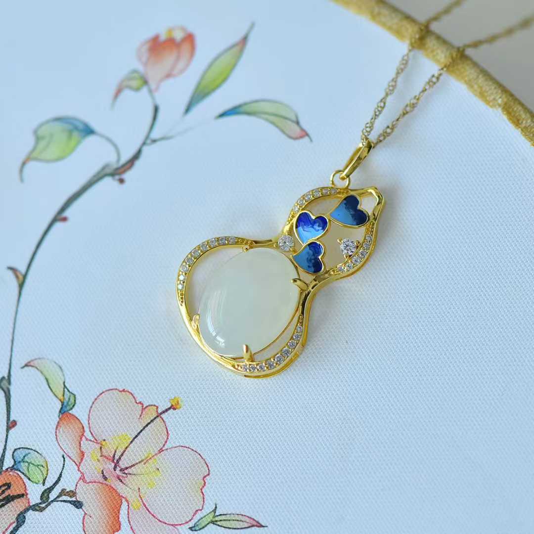 925 Silver Inlaid Hetian Nephrite "Butterfly Loves Flower & Gourd" Pendant