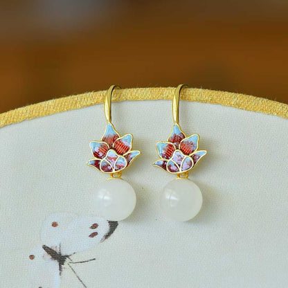 925 Silver Inlaid 10mm Nephrite (White Jade) Enamel Earrings