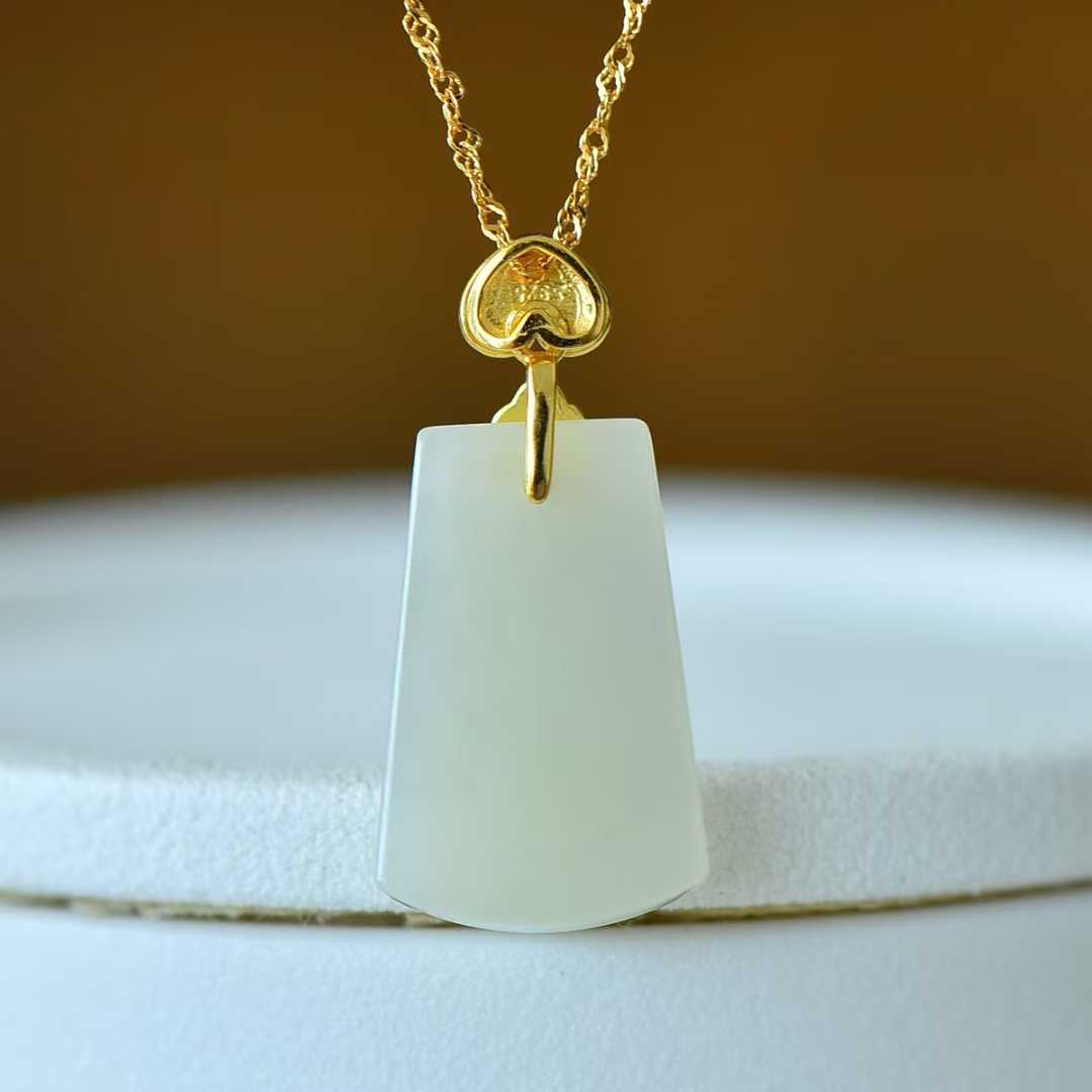 925 Silver-Inlaid Hetian Jade Pendant (Trapezoidal Peace Plaque, "Lotus for Continuous Good Luck" Design)