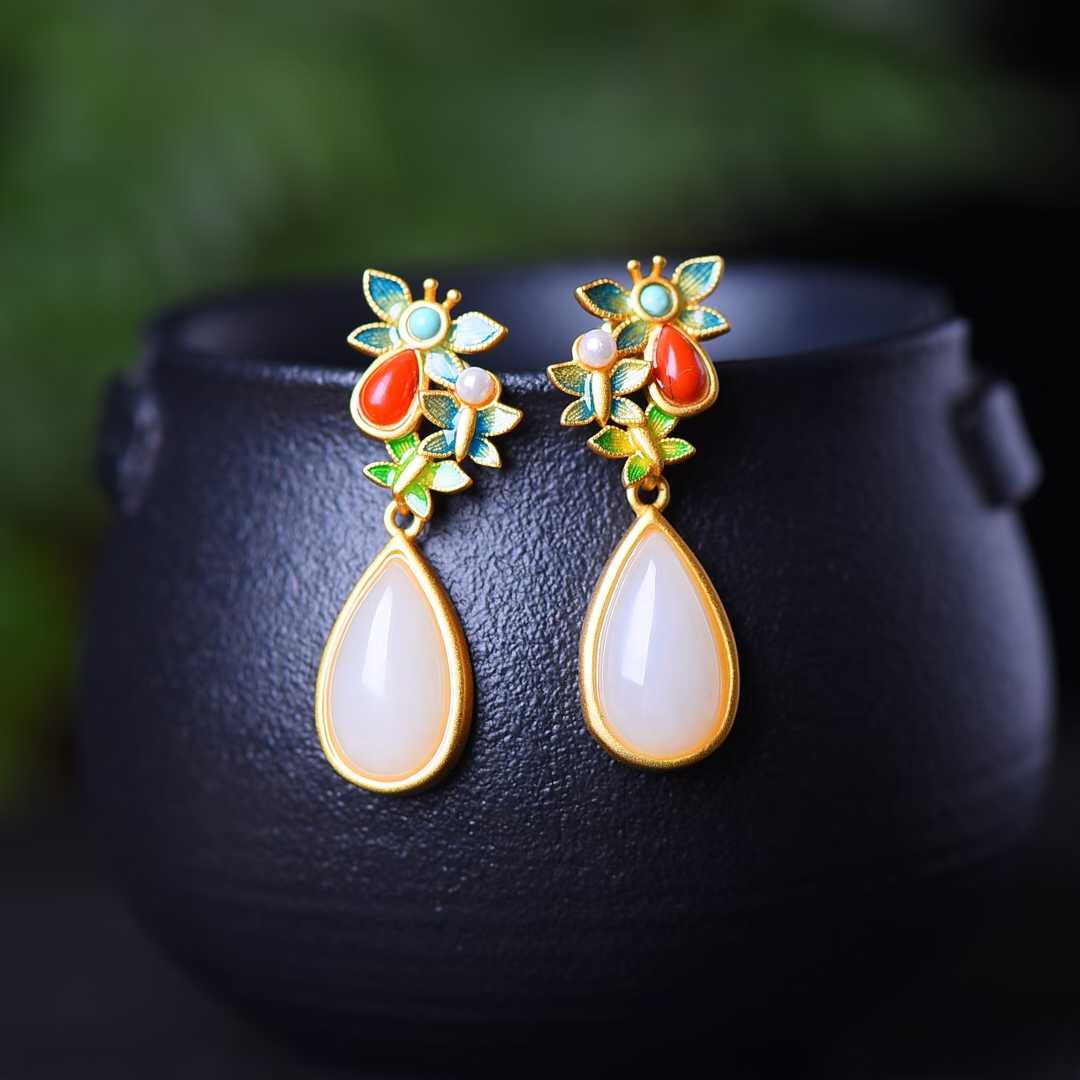 925 Silver Inlaid Hetian Jade Teardrop Enamel Earrings