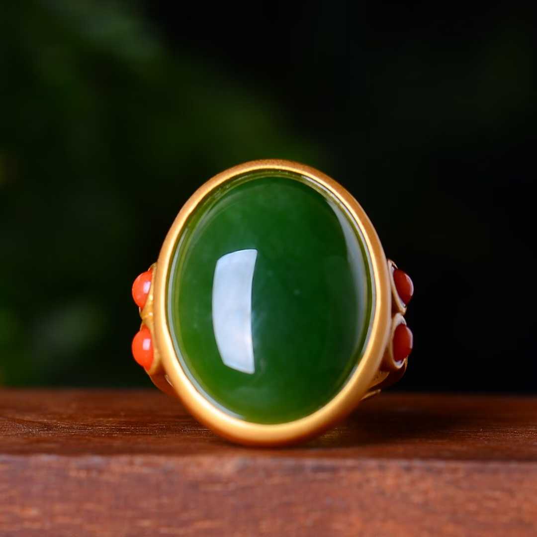925 Silver Inlaid Nephrite Green Jade Cabochon Matte Gold Ring