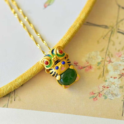 925 Silver-Inlaid Hetian Green Jade Cabochon Pendant with "Auspicious Tiger Exuding Power" Design & Enamel Accents